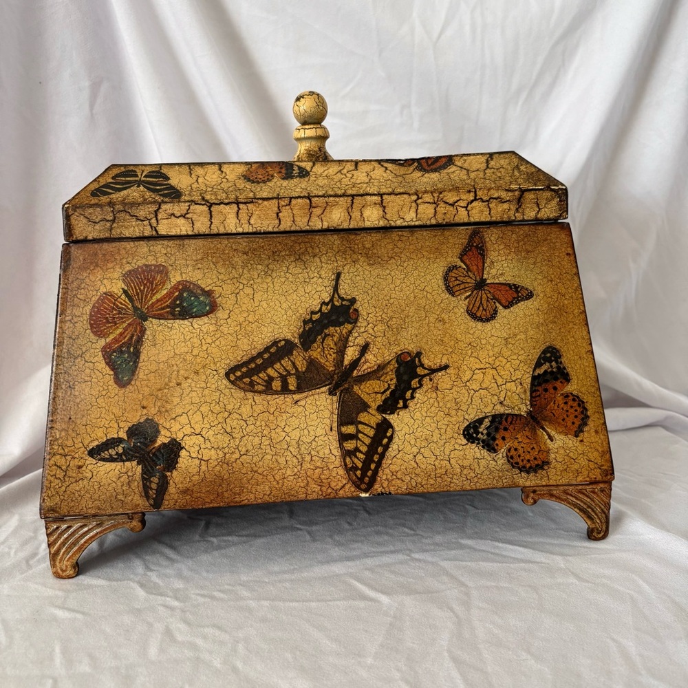 Vintage 90s butterfly metal tin storage box footed whimsygoth Y2K home decor